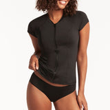 SEA LEVEL SWIM - ESSENTIALS SHORT SLEEVE MULTIFIT RASH VEST FULL ZIP / BLACK