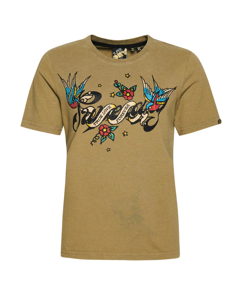 SUPERDRY TEE - TATTOO SCRIPT GRAPHIC T SHIRT / MOSS KHAKI