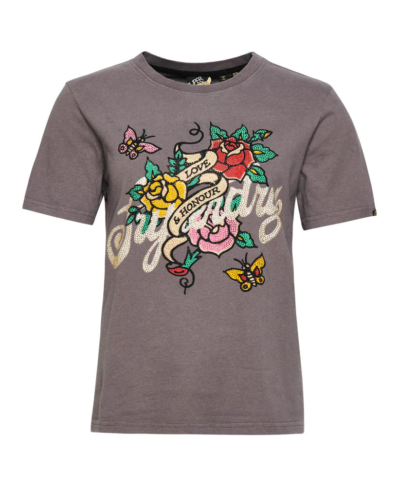 SUPERDRY TEE - TATTOO SCRIPT GRAPHIC T SHIRT / MOSS KHAKI