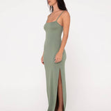 RUSTY DRESS - VICKY FIXED BACK SLIP MAXI DRESS / ARMY GREEN