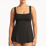 SEA LEVEL SWIM DRESS - ESSENTIALS SQUARE NECK TUMMY CONTROL SWIM DRESS / BLACK