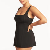 SEA LEVEL SWIM DRESS - ESSENTIALS SQUARE NECK TUMMY CONTROL SWIM DRESS / BLACK