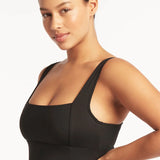 SEA LEVEL SWIM DRESS - ESSENTIALS SQUARE NECK TUMMY CONTROL SWIM DRESS / BLACK