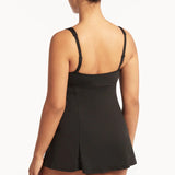 SEA LEVEL SWIM DRESS - ESSENTIALS SQUARE NECK TUMMY CONTROL SWIM DRESS / BLACK