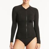 SEA LEVEL SWIM - ESSENTIALS LONG SLEEVE RASH VEST - FULL ZIPPER  / BLACK