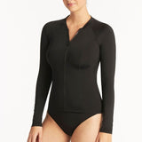 SEA LEVEL SWIM - ESSENTIALS LONG SLEEVE RASH VEST - FULL ZIPPER  / BLACK